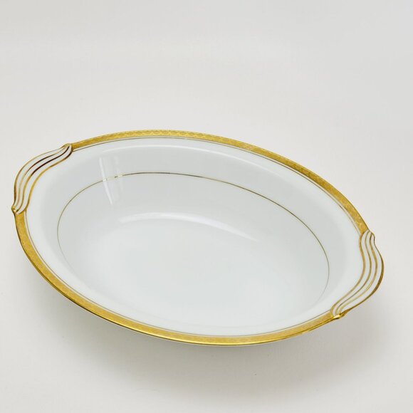 Noritake Richmond 10" Oval Serving Bowl White Base Gold Etched Band Elegant - Picture 4 of 12